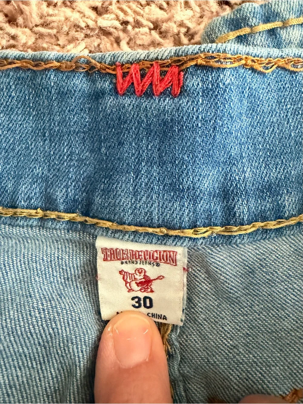True Religion Light Blue Straight Jeans with Red Accent Stitching